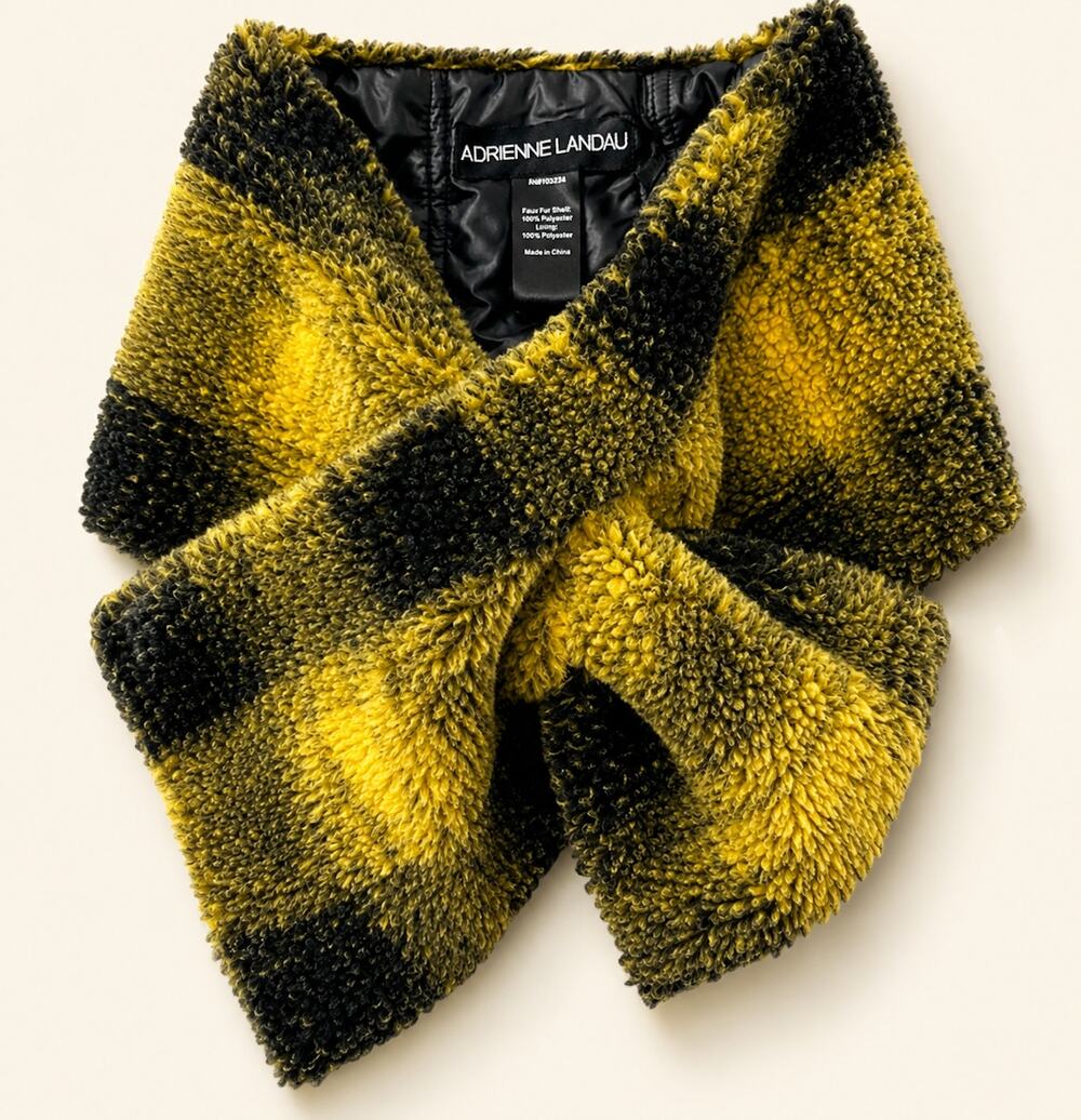 Adrienne Landau Faux Fur Yellow Black Check Pull Through Scarf NWT
